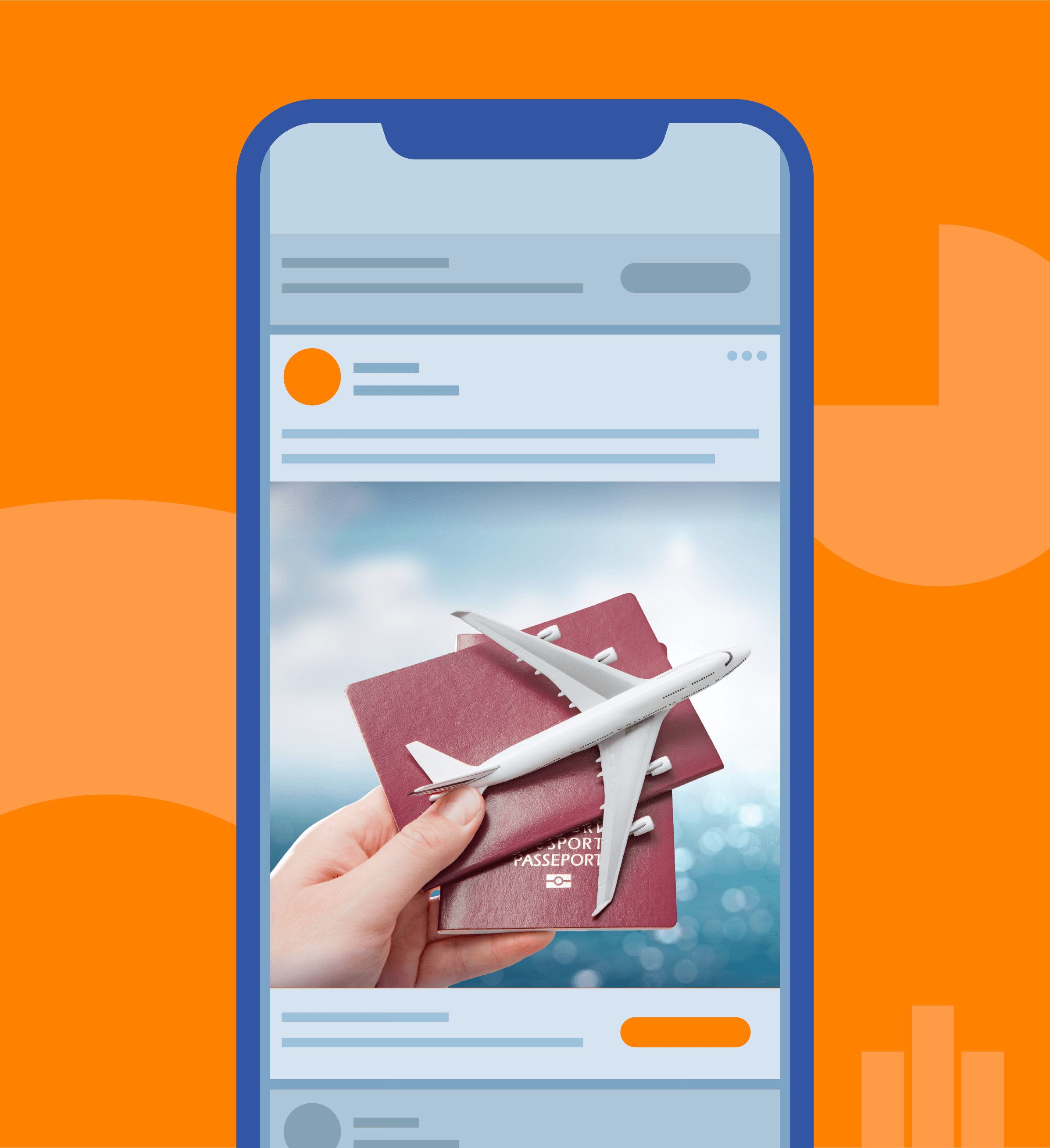 Native Advertising in feed ads example on a phone with an ad with a toy plane and red passports