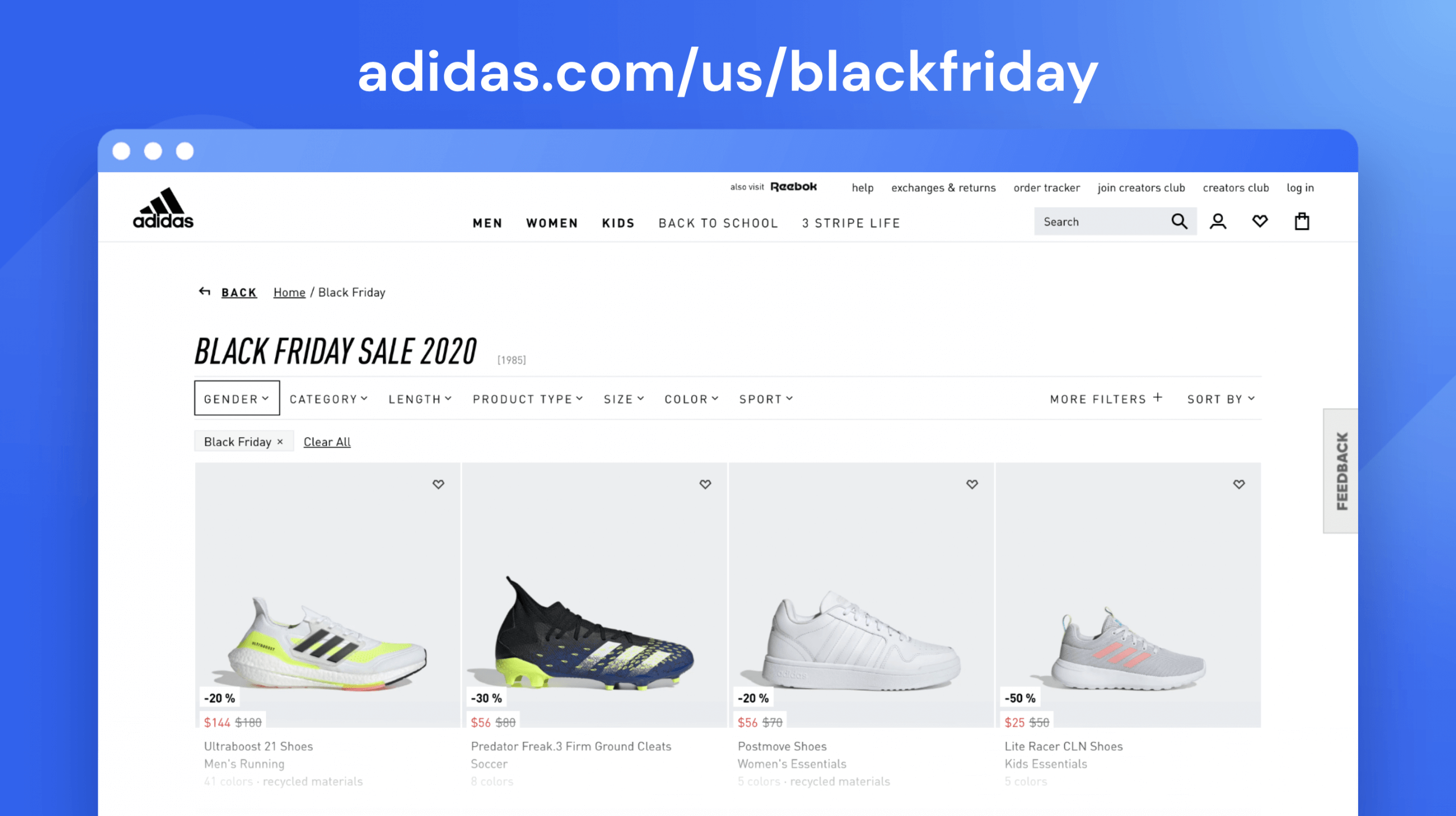 adidas.com/us/blackfriday Landing Page Beispiel zur Black Friday Kampagne