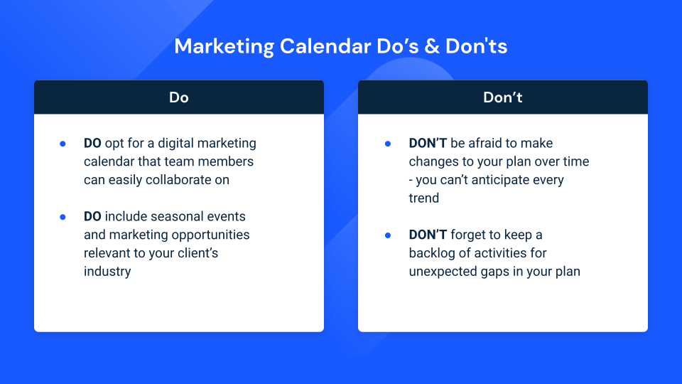 Marketing calendar do's and don'ts