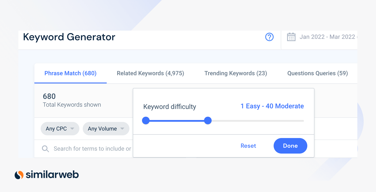 Screenshot of how to select keyword difficulty range.