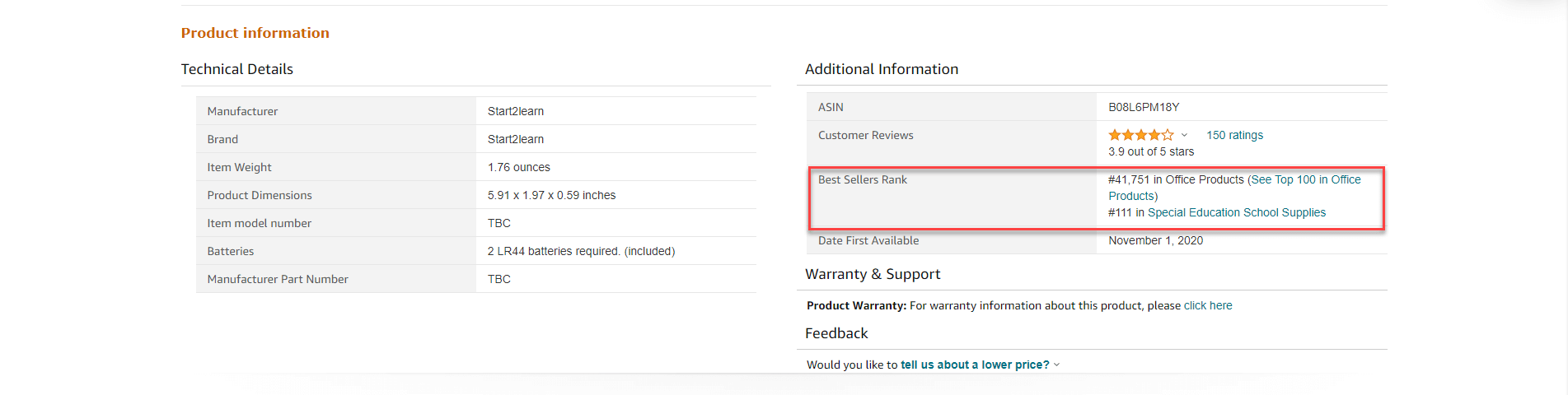 Amazon product information shows BSR.