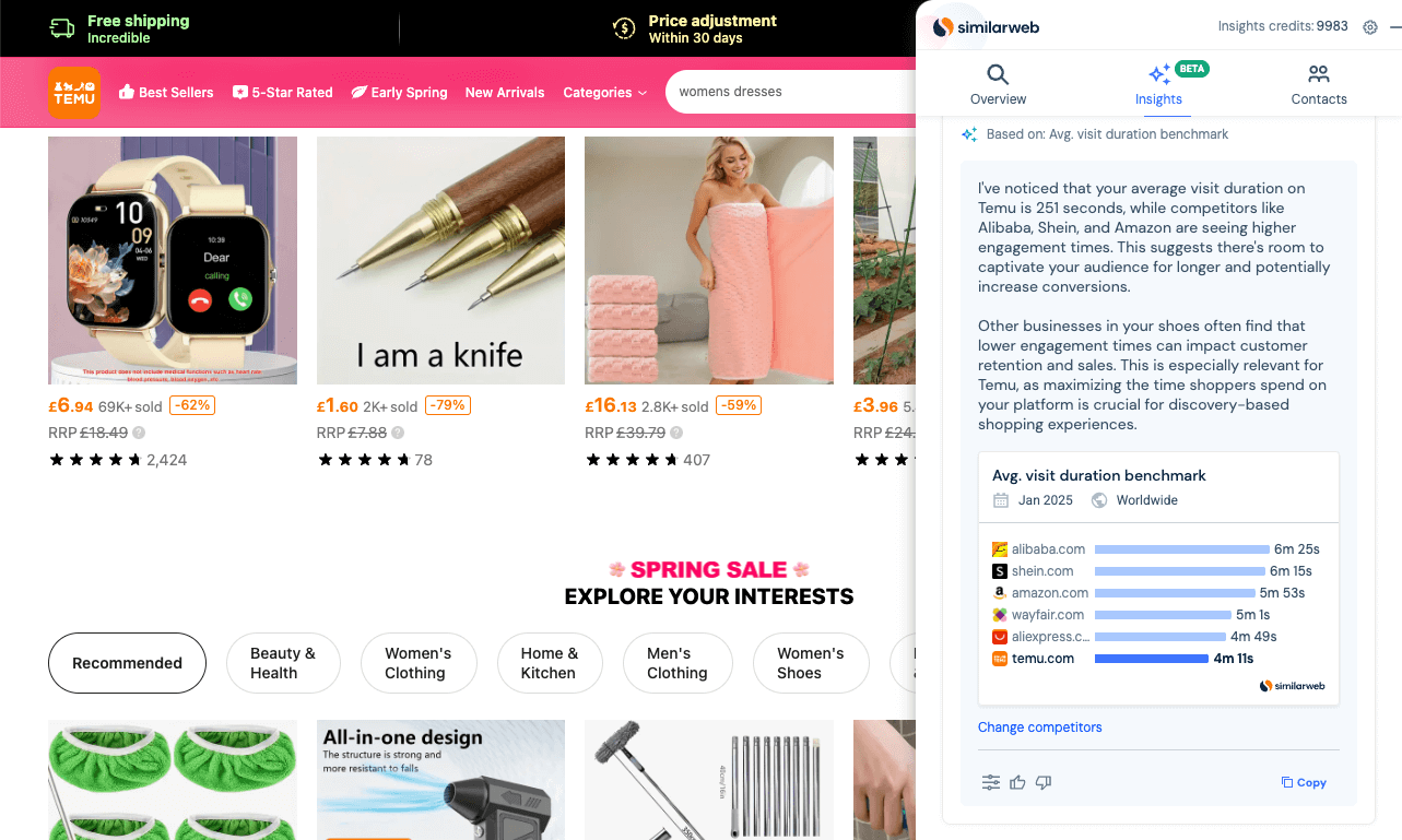 Similarweb's chrome sales extension providing insights for Temu.com