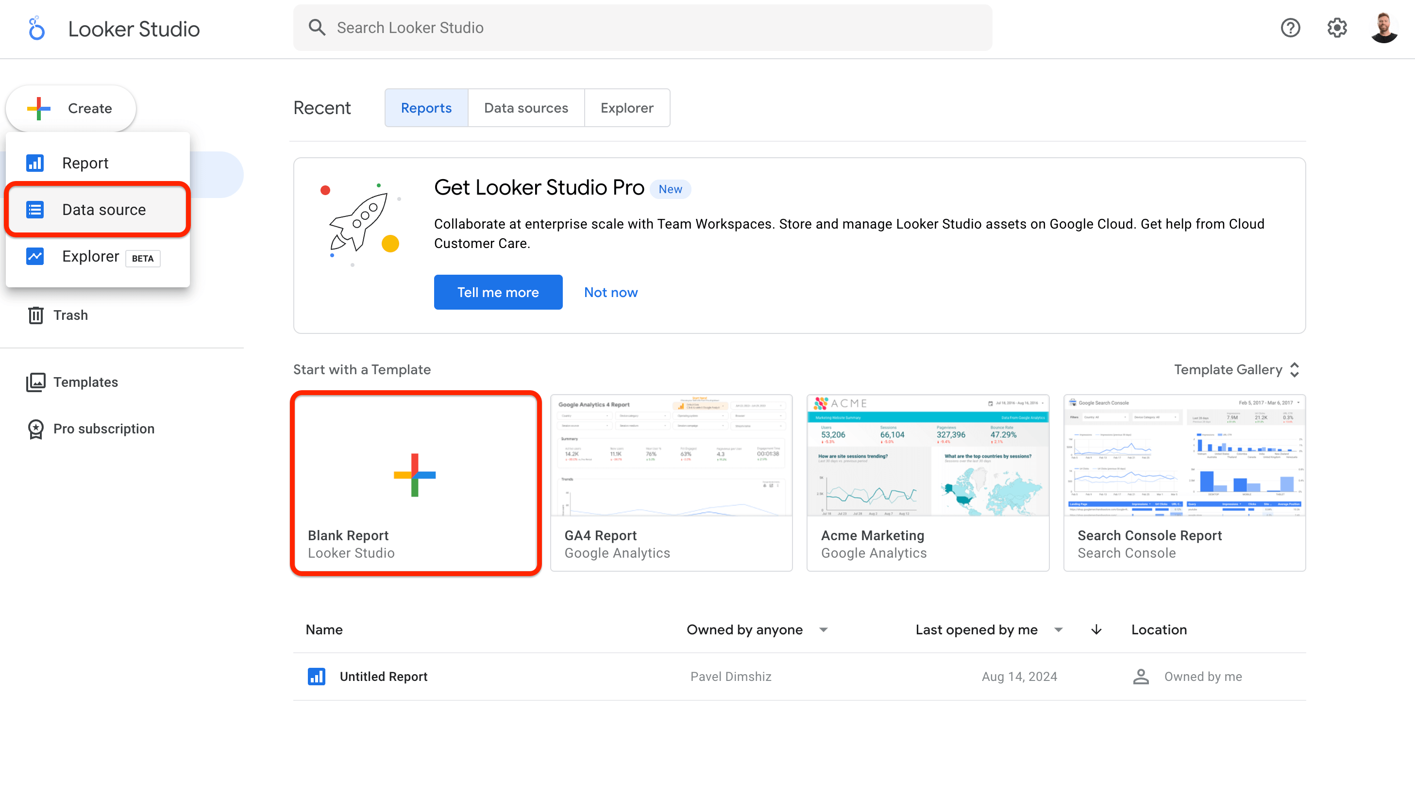 Screenshot of how you start to create a new report in Google Looker Studio