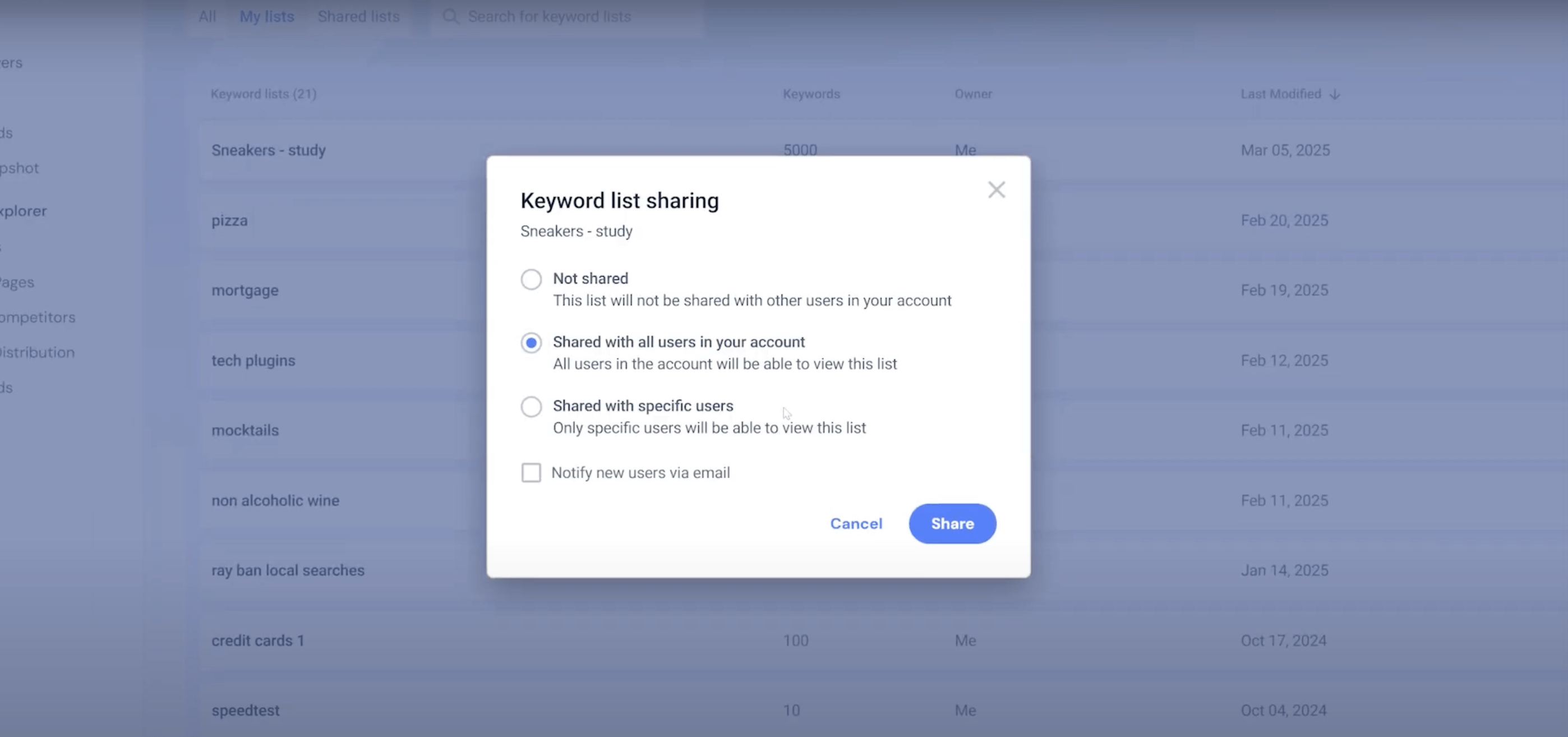 New keyword list sharing feature