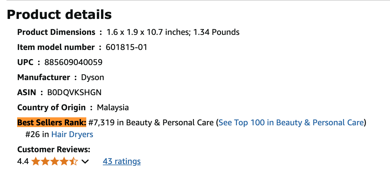 Bestseller rank on Amazon