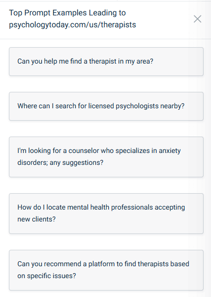 Screenshot showing how Similarweb displays examples of prompts driving traffic