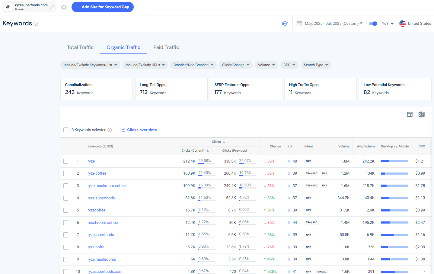 ryzesuperfoods.com - Top organic keyword performance