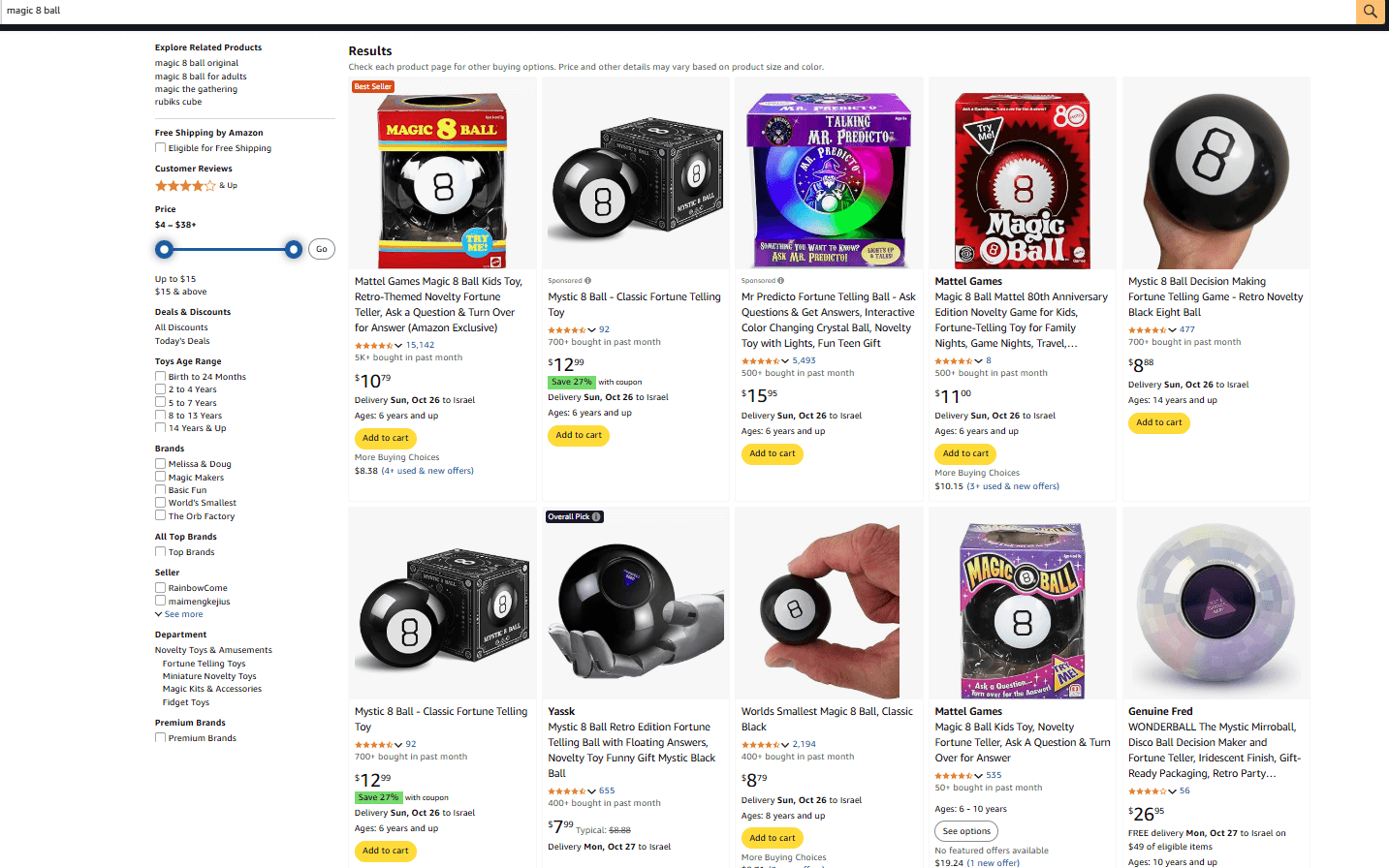 Search results on Amazon for Magic 8 ball