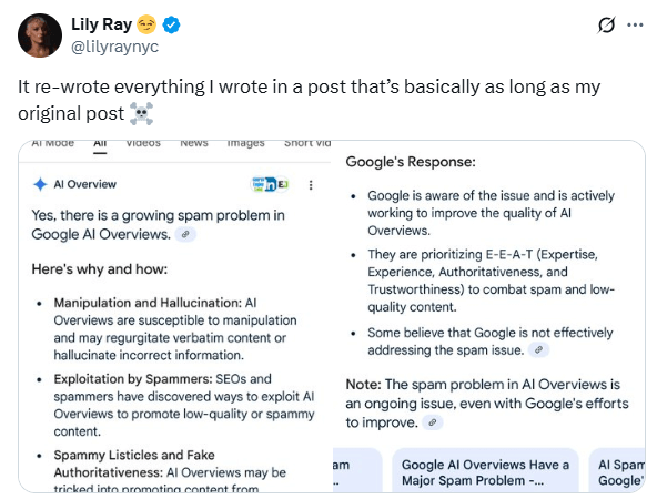 Tweet by Lily Ray saying AI Overviews steal her article