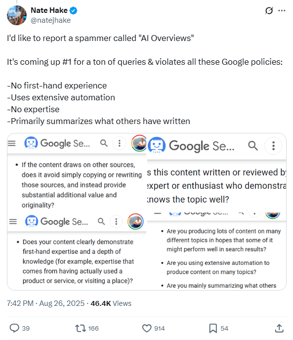 Tweet by Nate Hake about Google violationg its own spam policies