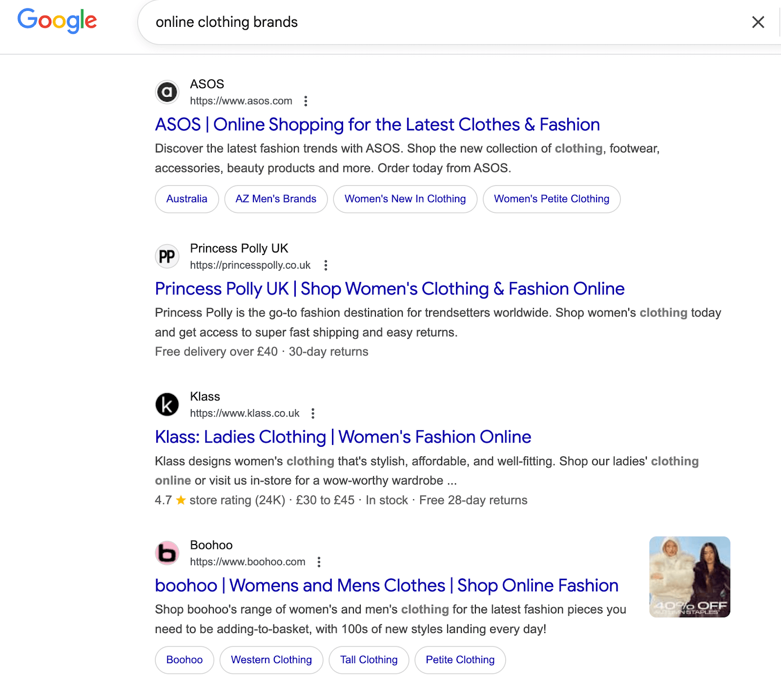 Online clothing brands - SERP results