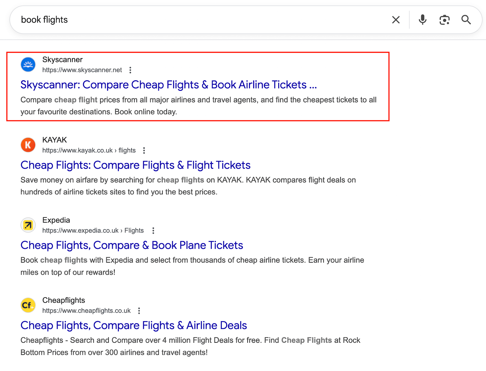 SERP results for Book flights