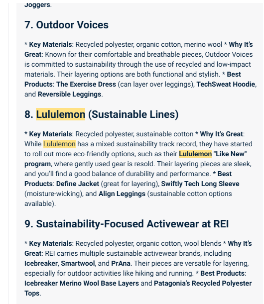 The Chatbot response where lululemon was mentioned