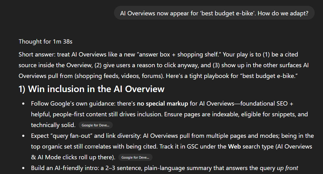 ChatGPT answer for: "AI Overviews now appear for ‘best budget e-bike’. How do we adapt?"
