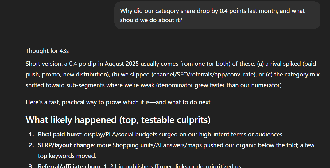 ChatGPT answer to "Why did our category share drop by 0.4 points last month?"
