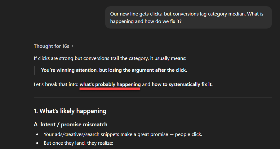 ChatGPT answer to "Our new line gets clicks, but conversions lag category median. How to fix it?"