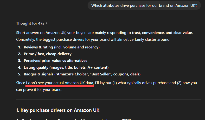 ChatGPT answer for "Which attributes drive purchase?"