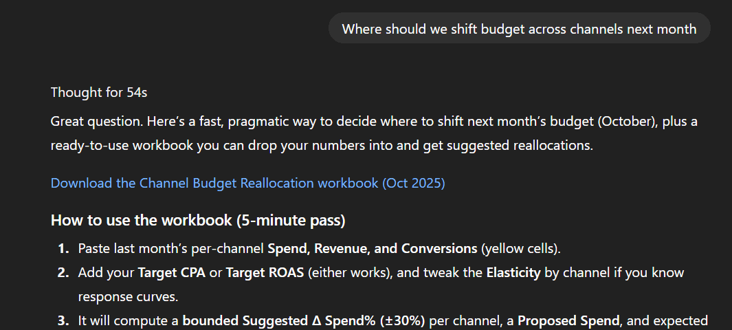 ChatGPT answer for "Where should we shift budget?"