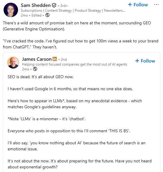 A LinkedIn post claiming that SEO is dead