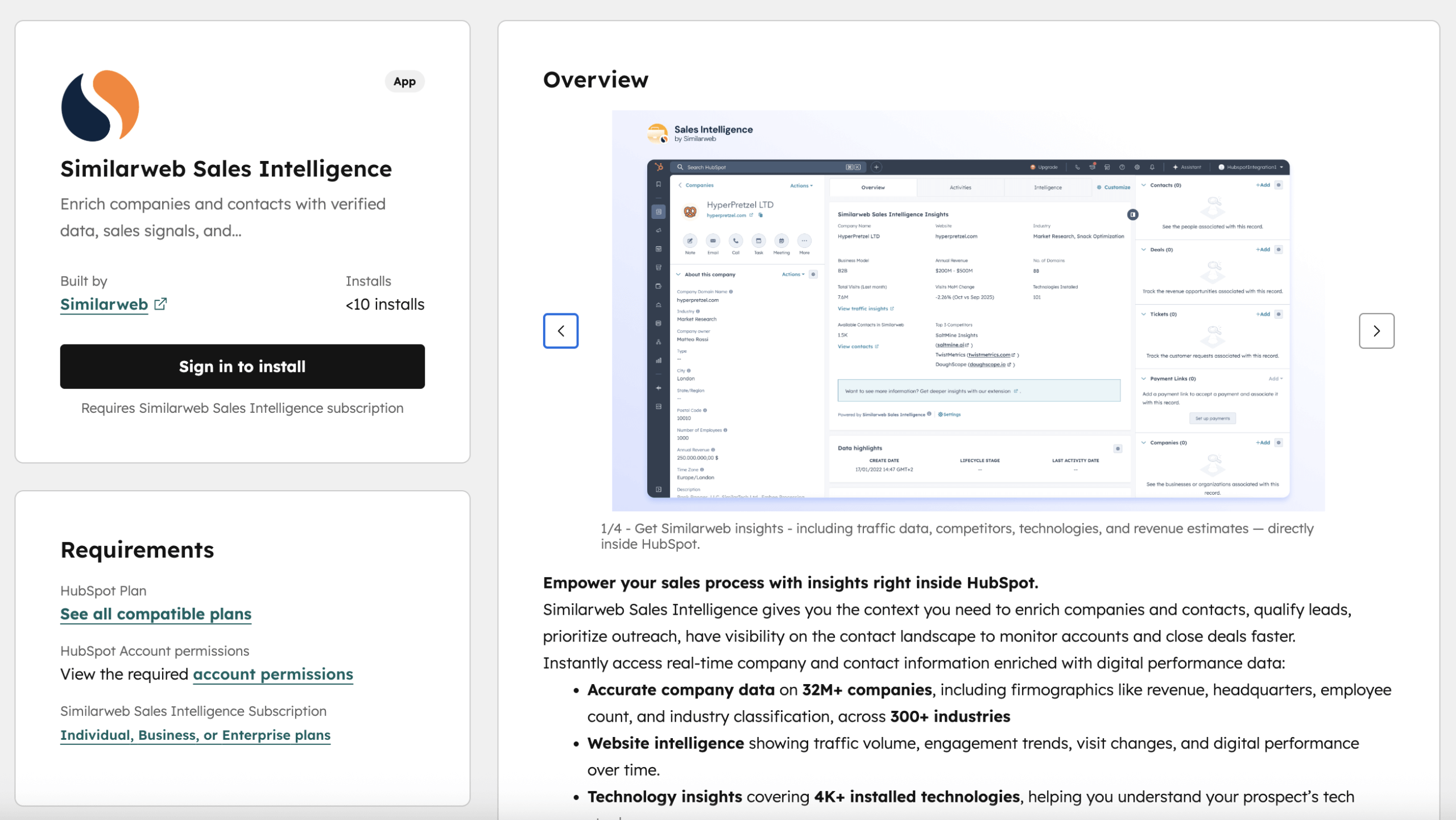 Sales Intelligence connector in HubSpot Marketplace