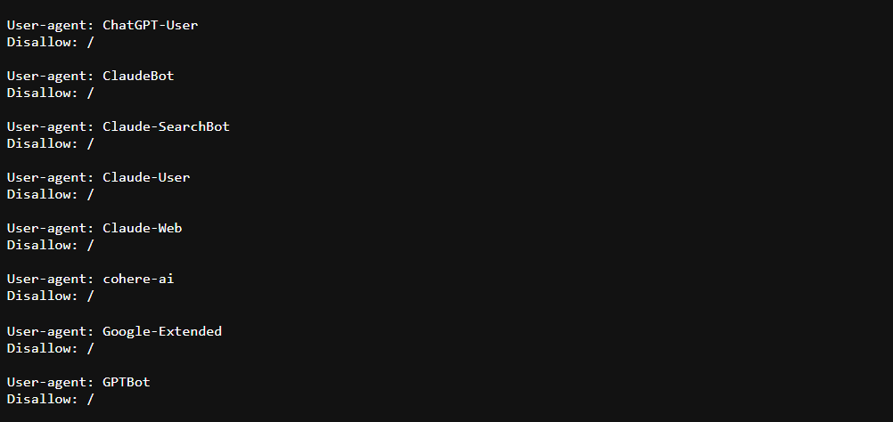 Real world example of robots.txt file blocking AI engines