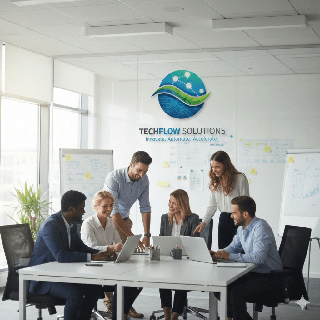 Techflow Solutions Mock Logo and Team