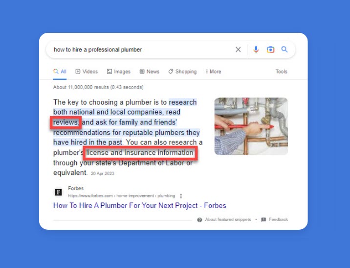 Featured Snippet for 'How to hire a plumber'