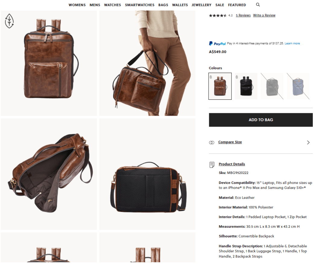 How Fossil optimized a listing for “convertible backpack”.