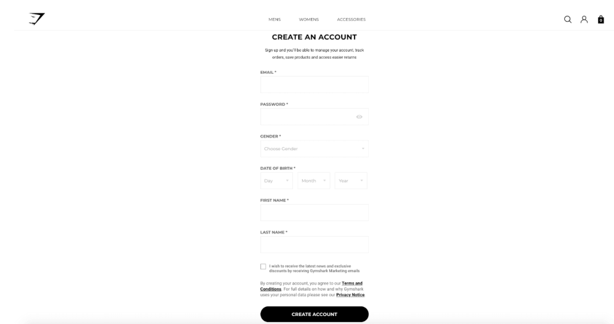An example of a UK brand GymShark asking for the customer birth date can help offer them a more personalized experience
