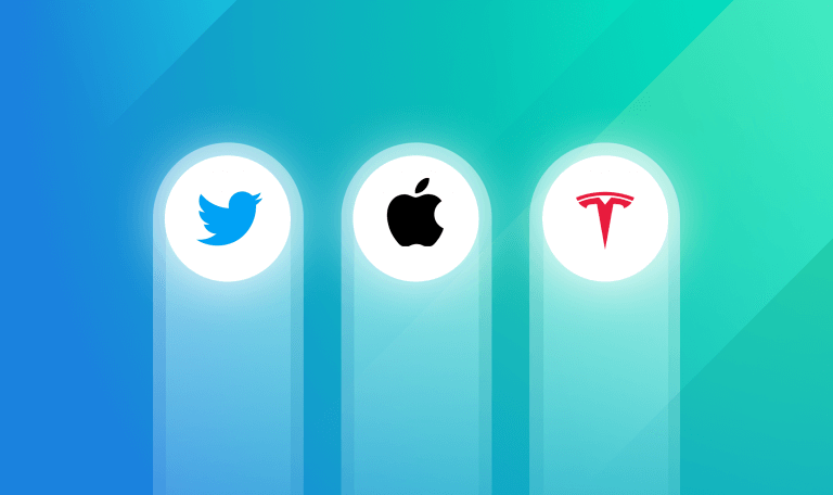 Blue and green background with Twitter, Apple, and Tesla logos.