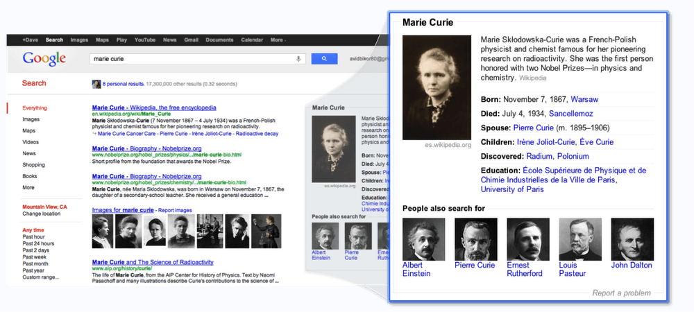 Marie Curie search as an example of Google Knowledge Graph 