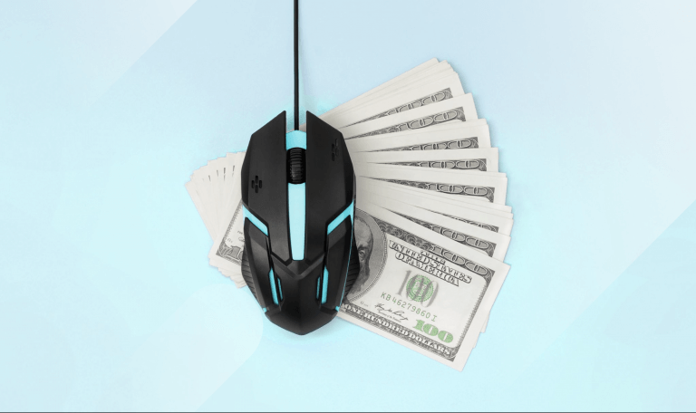 black computer mouse with blue lights over hundred dollar bills as a header image for PPC Campaign Mananagment