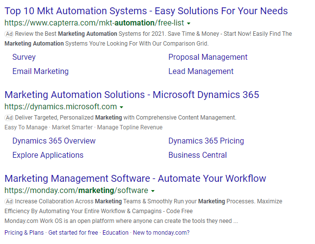 Google Search ad for Marketing Automation Software representing PPC Strategy