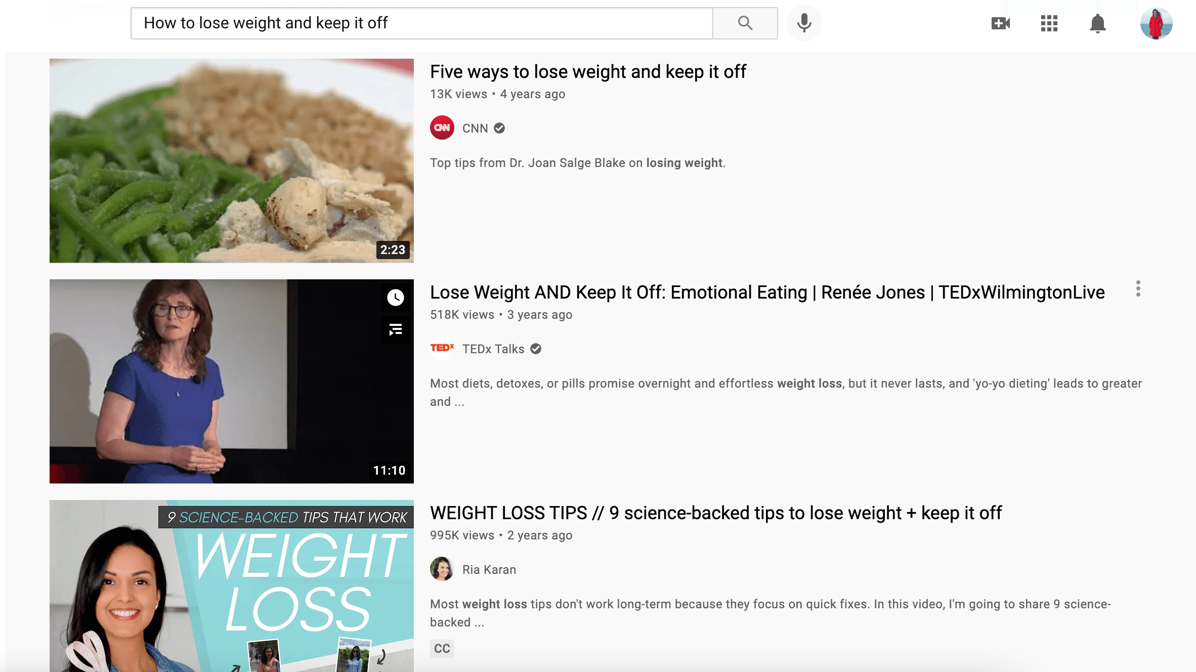 YouTube search results for how to lose weight and keep it off