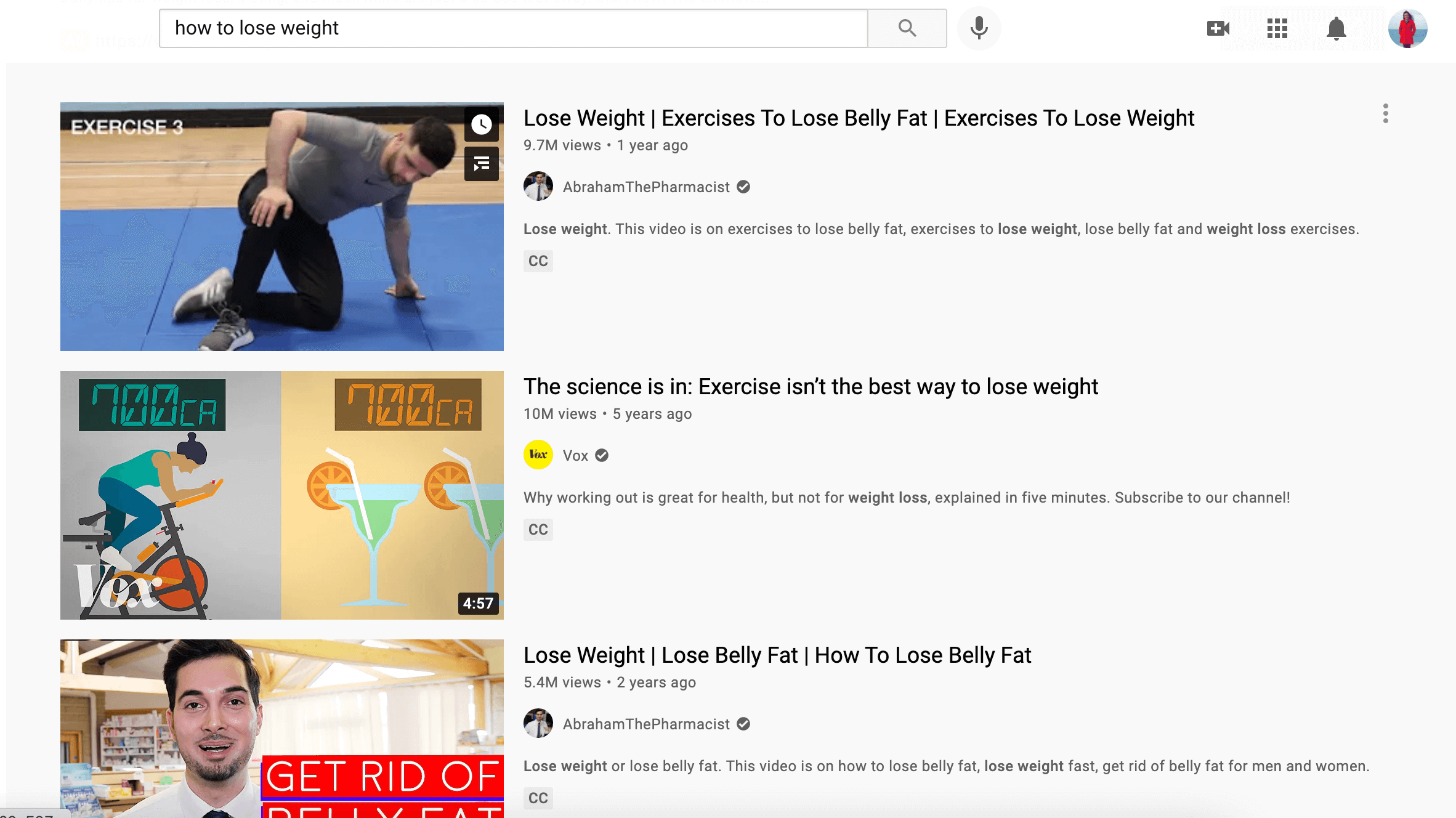 YouTube search for how to lose weight
