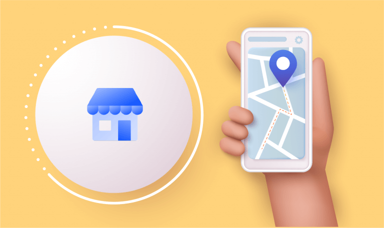Google my business logo and hand holding a phone with Google maps going to a business