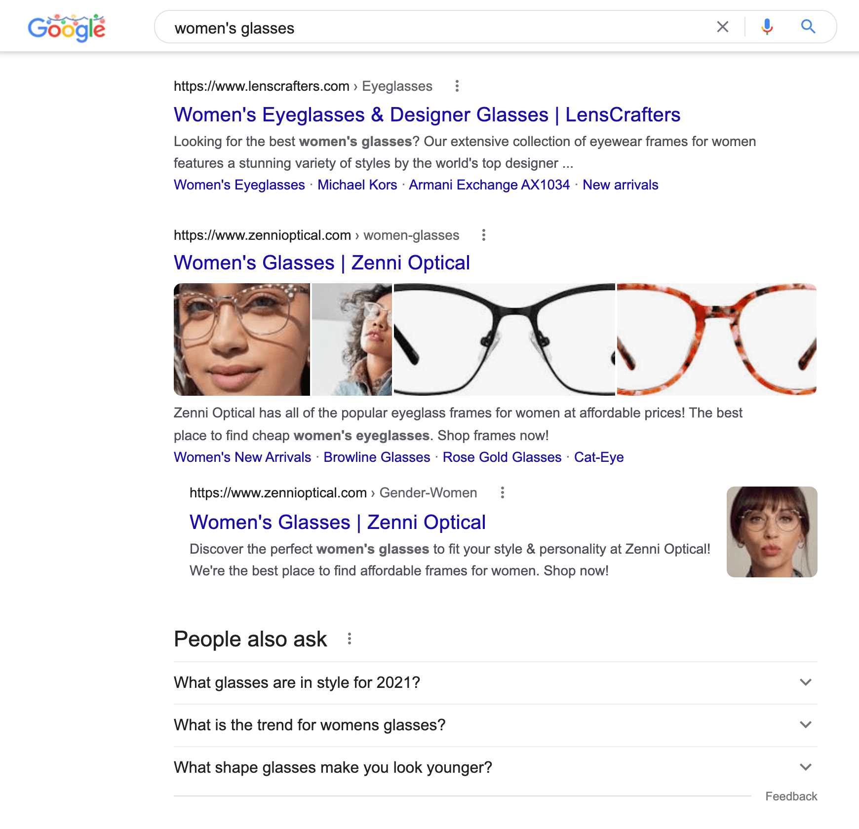 Google result for women’s glasses as an example of on-page SEO