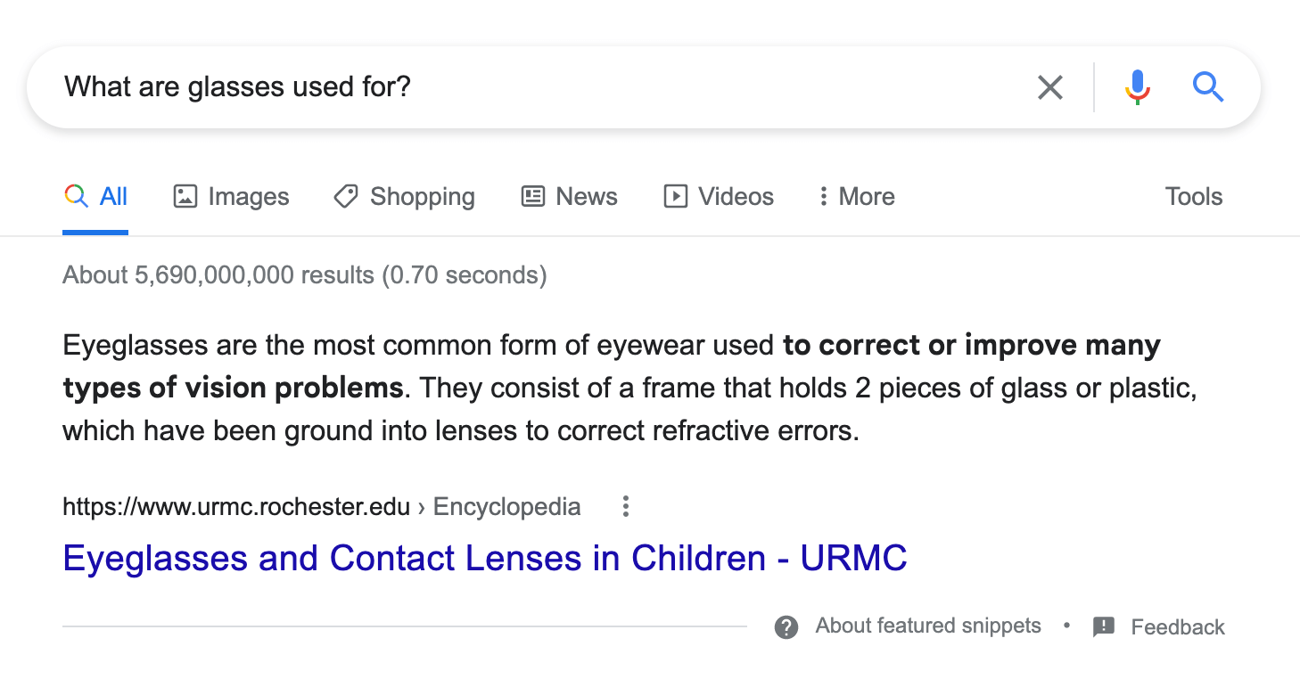 Google search result for What are glasses used for Followed by a featured snippet as an example for on-page SEO.