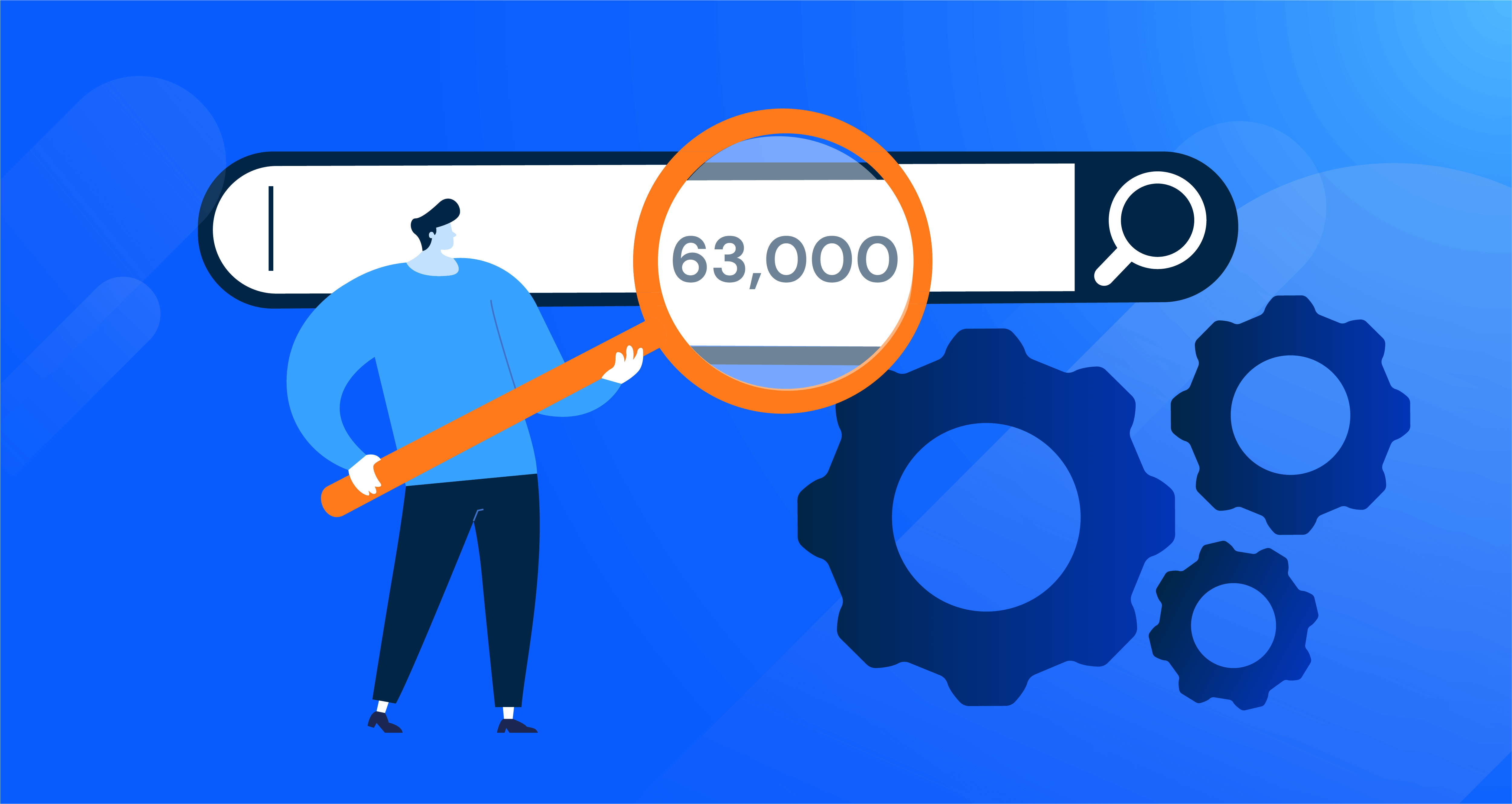 Illustration of man holding up a magnifying glass to the number 63,000 in a search bar for on-page SEO