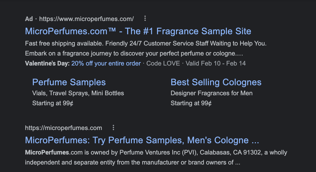MicroPerfume’s paid and organic results reflect sample sizes