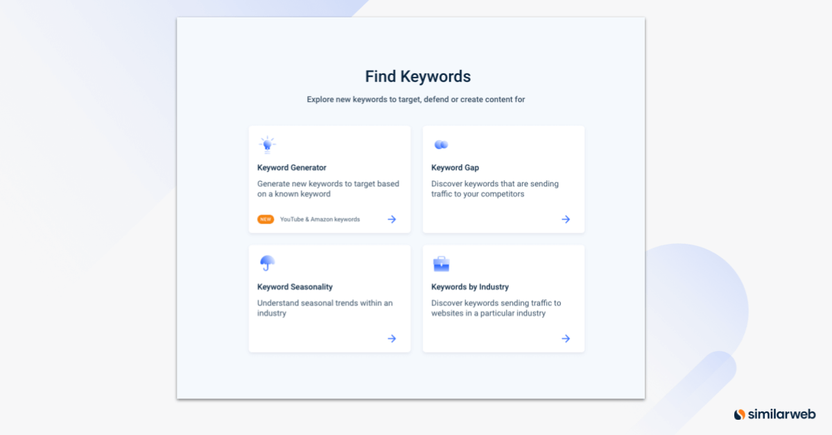 Similarweb Keyword Analysis Tool can help you find keywords in four ways.