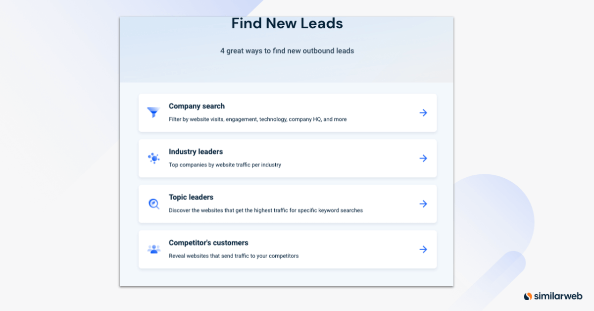 There are four ways to find new leads with Similarweb Sales Intelligence and the Lead Generator.