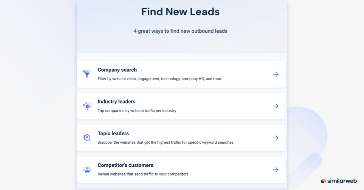 Screenshot of ‘Find new leads” options on Similarweb sales intelligence.