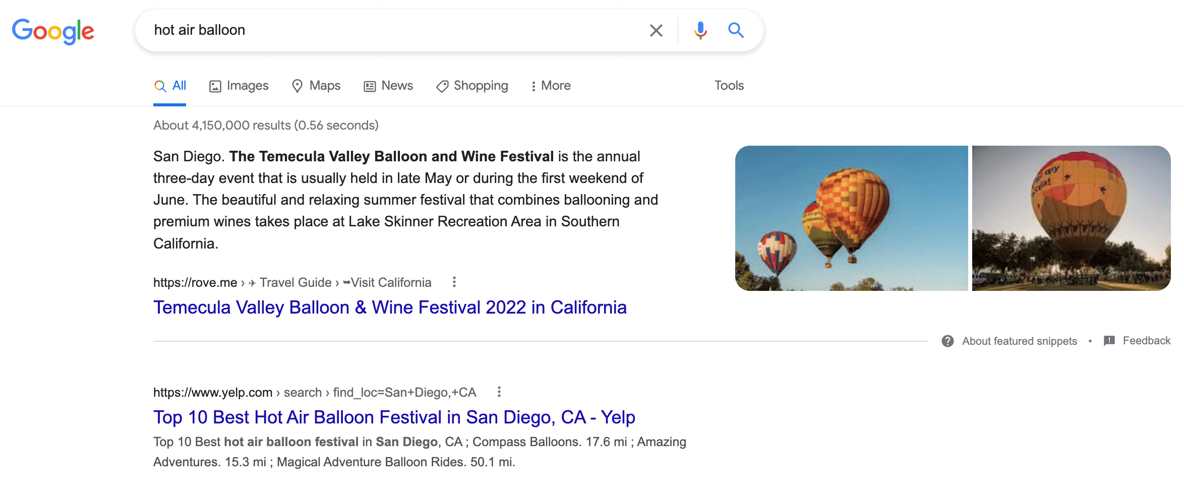Google search results page for "hot air balloon" with snippet.