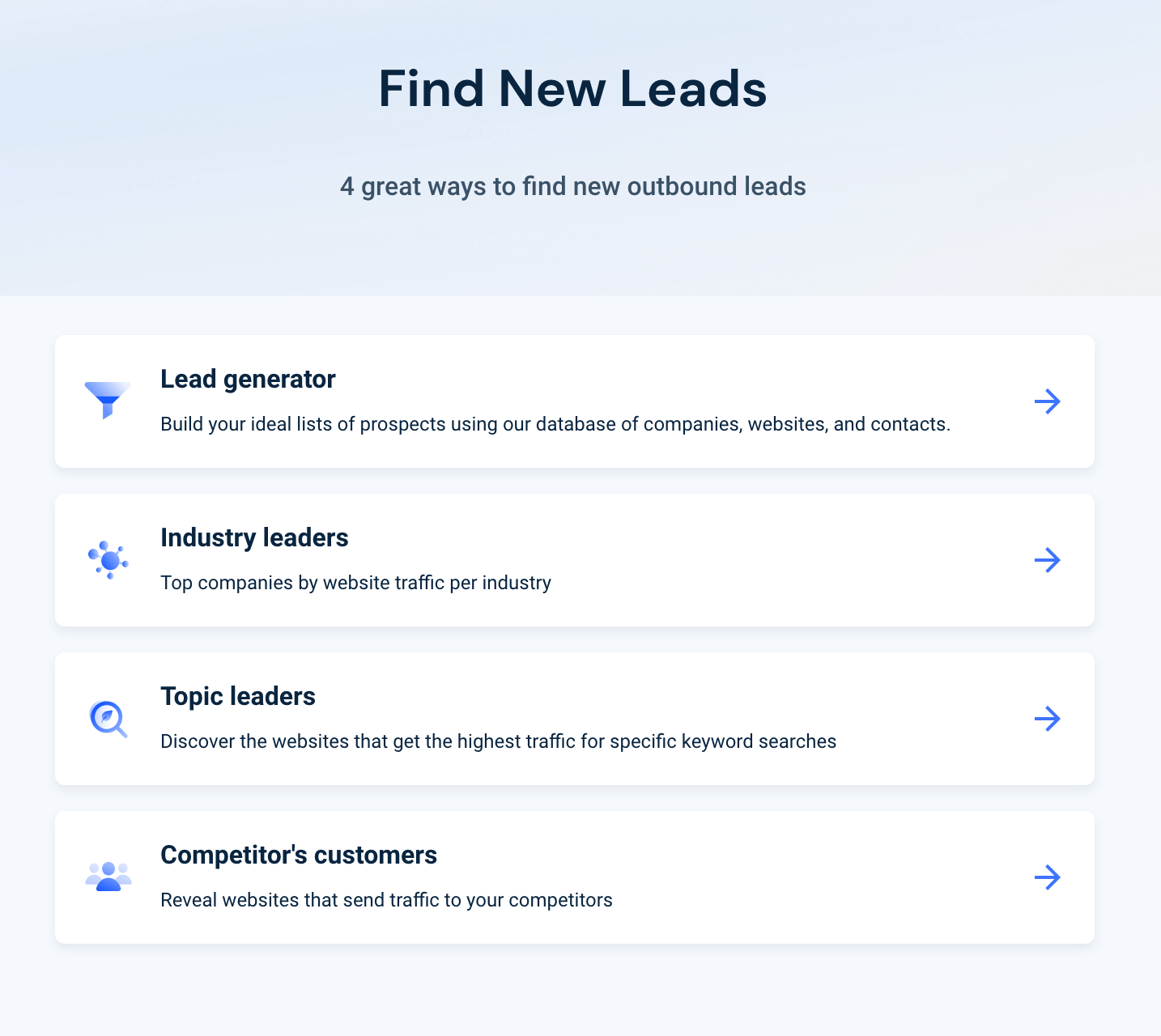 Find new leads in four ways with Similarweb Lead Generation Too.