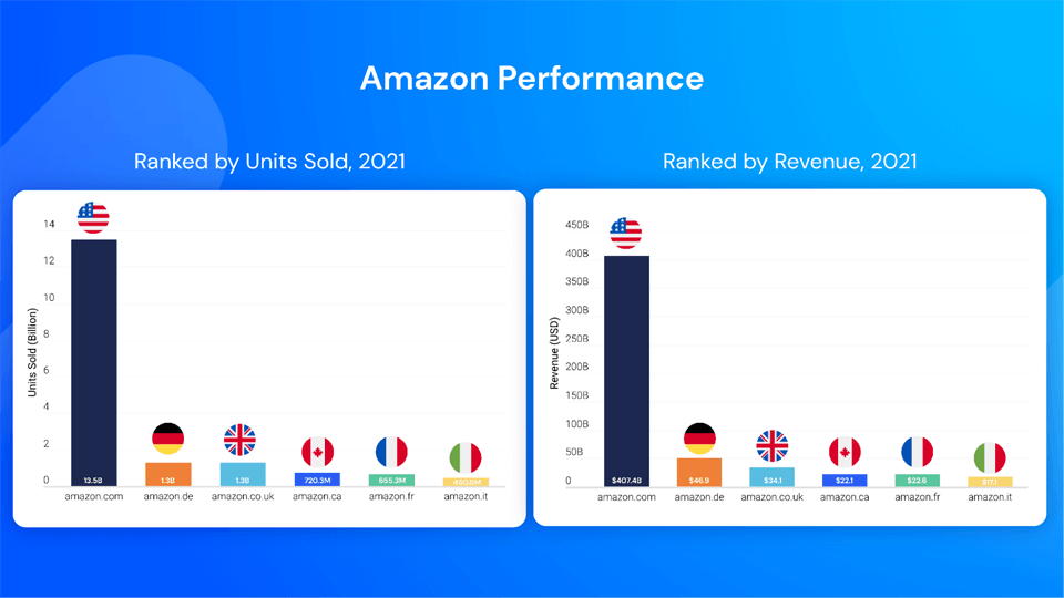 Amazon revenue and units sold performance across countries 2021.
