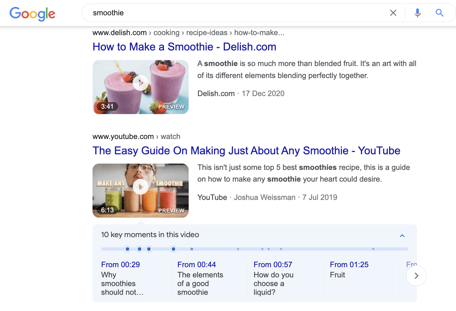 Video search results for “smoothie”.