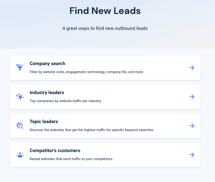 There are four ways to use Similarweb Lead Generator to find new leads.