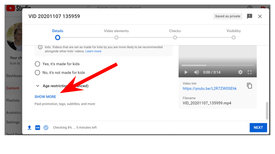 Screenshot of Youtube studio, where to add tags.