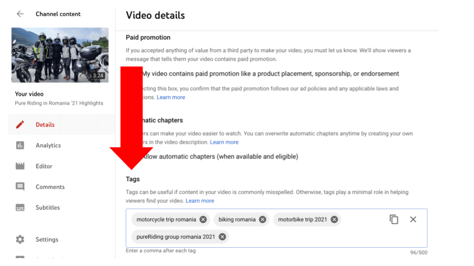 Screenshot of the tagging option in the YouTube studio.